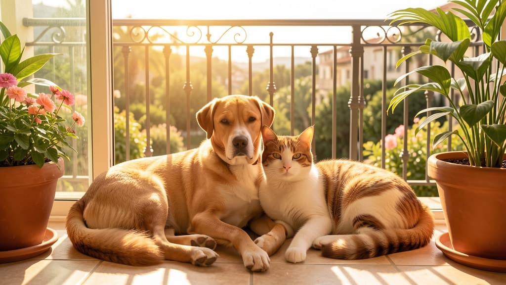 A dog and a cat resting on a balcony