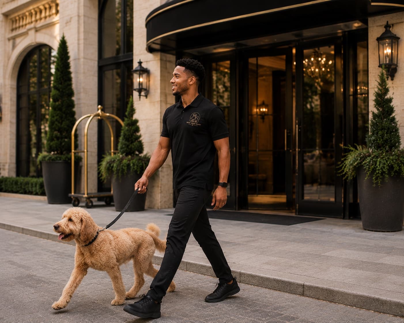A Pet Concierge walking a labradoodle outside a hotel entrance
