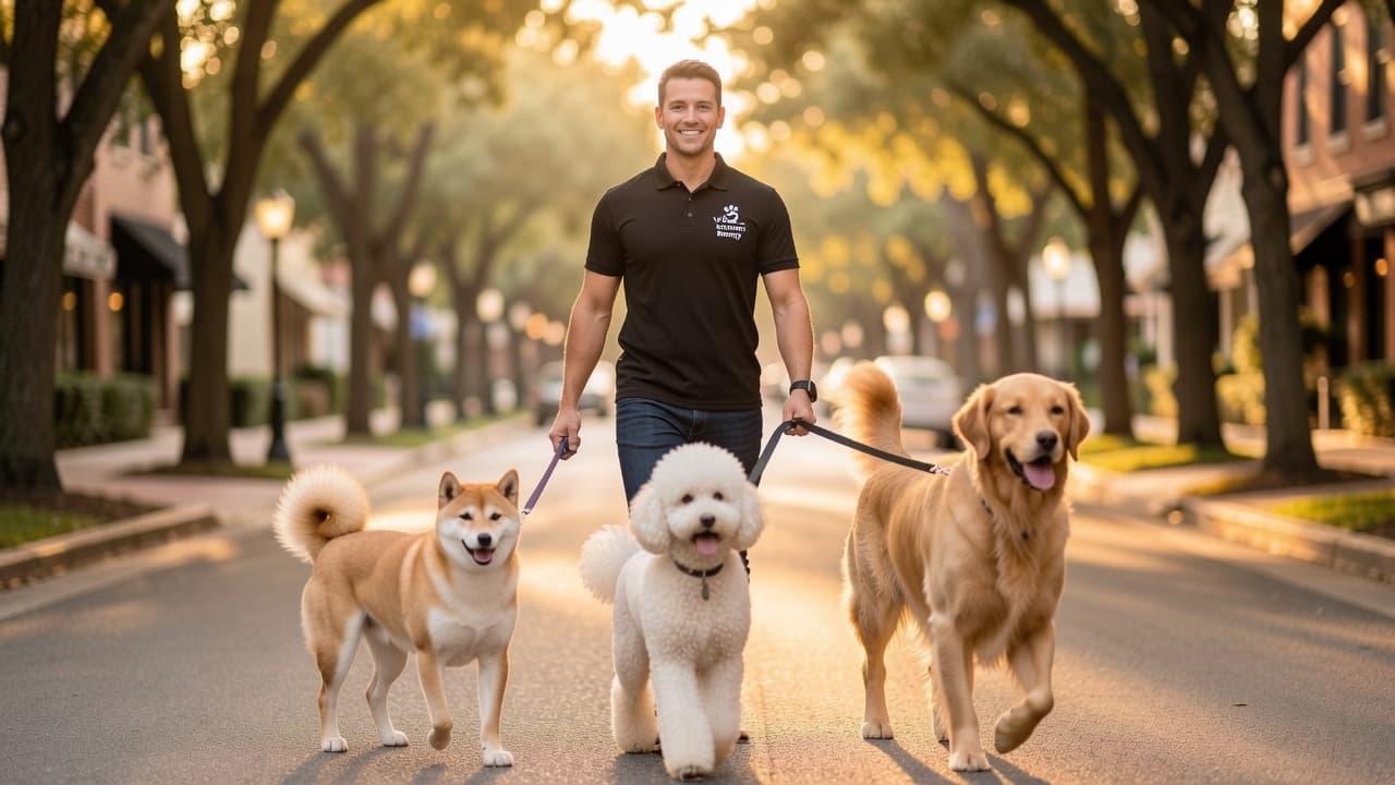 A man walking three dogs on a tree-lined street